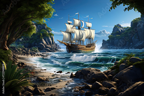Fotografiet pirate ship in ocean in a bay off island near the coast of the beach