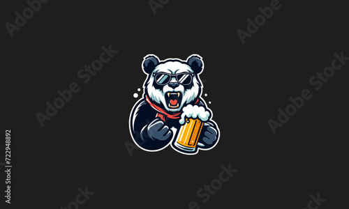 panda angry wearing sun glass hold beer vector logo design