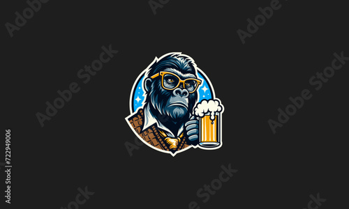 head gorilla wearing sun glass with beer vector logo design