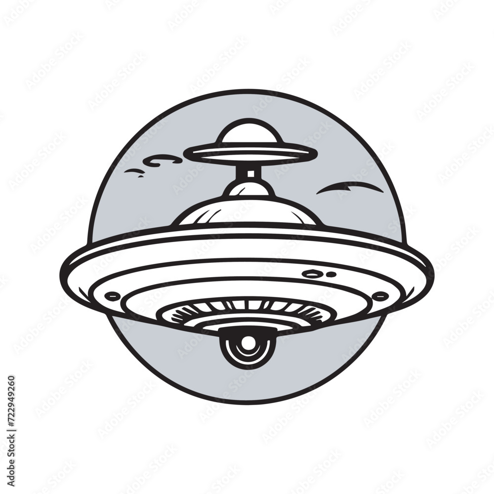 2d black outline vector hand drawn art style minimalism black and white alien spaceship flying object