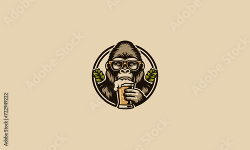head gorilla wearing sun glass with beer vector logo design