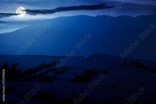 mountainous countryside scenery in winter at night. landscape with rural fields on the snow covered hills in full moon light © Pellinni