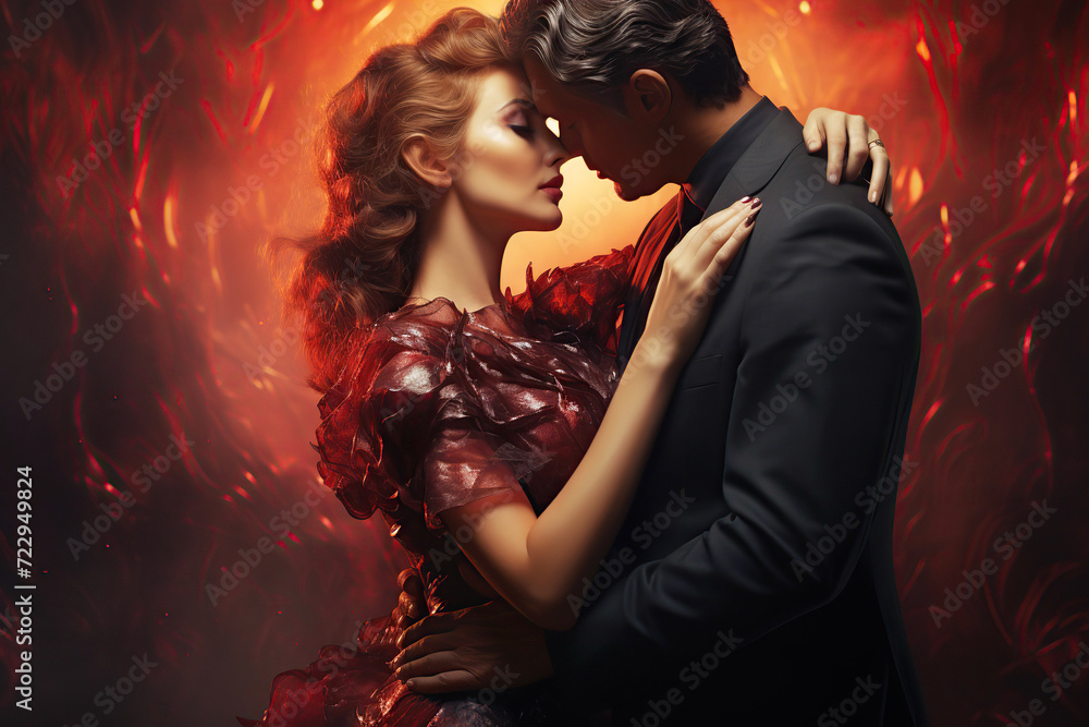 beautiful couple in love, man and a beautiful young woman hug and embrace in red background beautiful couple in love, man and a beautiful young woman hug and embrace in red background