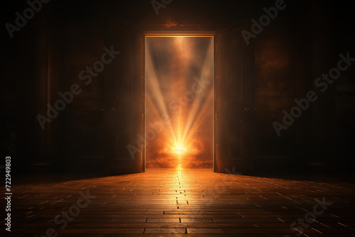 An open door to a space with fire and bright rays. Generated by artificial intelligence