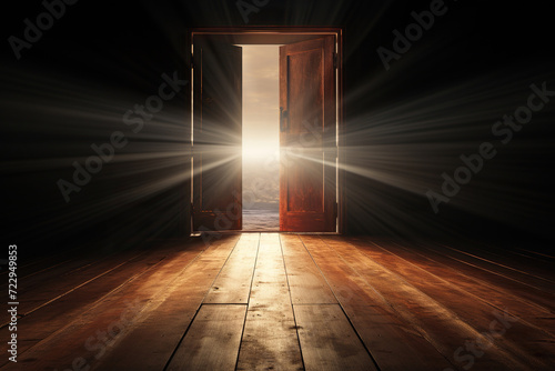 Bright rays are visible from the slightly open door. The door to a better future or paradise. Generated by artificial intelligence