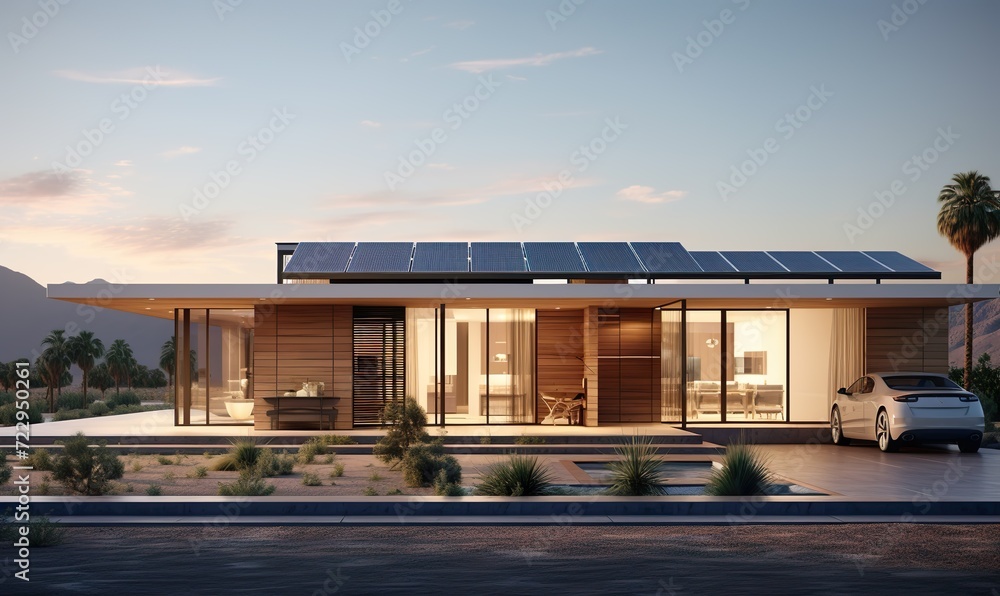 Modern Eco-Friendly Passive House in a New Suburban Desert, Complete with Solar Panels on the Gable Roof, a Driveway, and a Landscaped Yard