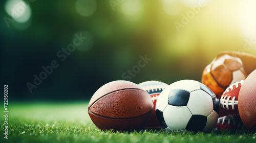 Close up of sports balls on green grass background  side view. Copy space. Sport advertising concept. Generative AI