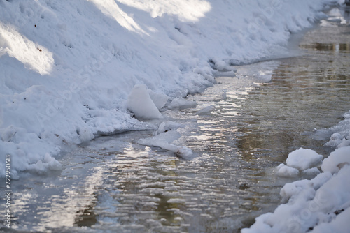 Icy watercourse in freezing temperatures and snow, winter impressions