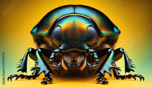 A close-up front view of a scarab beetles on a yellow background