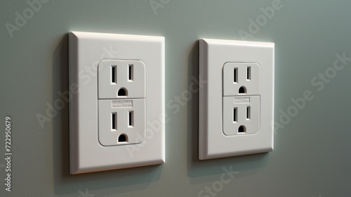 White wall mounted socket board with two electrical sockets and a switch. Neural network AI generated art