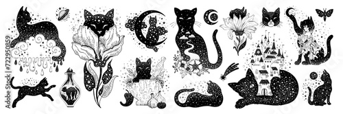 Magic black cats silhouettes. Outline tattoo art, Halloween posters with cute kitties with celestial design and quotes. Concept of witches, esoteric and mystic, vector sketch illustration