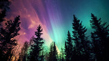 Spectacular aurora borealis (northern lights) in the snowy forest. Winter landscape night scenery. Generative AI
