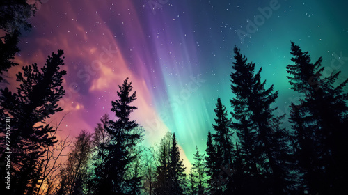 Spectacular aurora borealis  northern lights  in the snowy forest. Winter landscape night scenery. Generative AI
