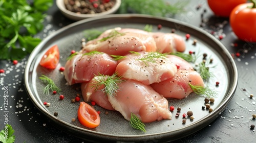 Fresh raw chicken on a plate with vegetables