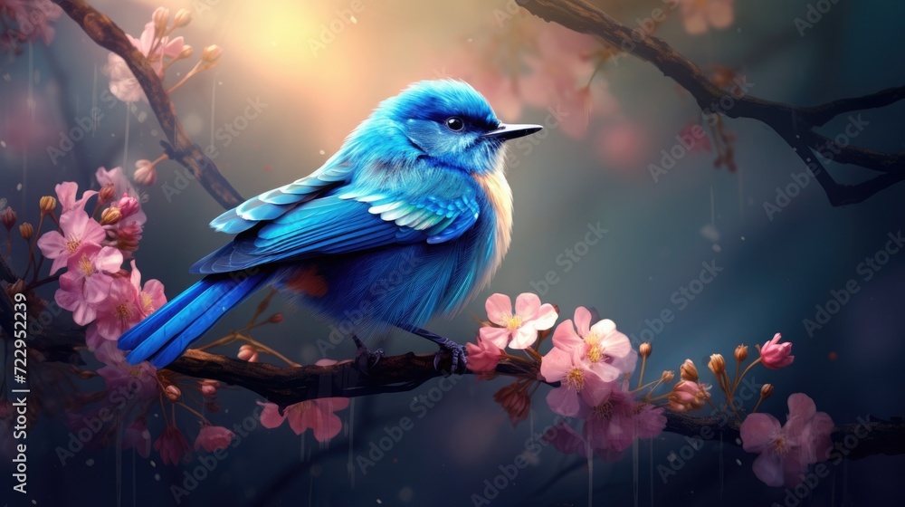 Cute little blue bird. Cute animals and birds. Spring symbol. Blue luck bird. glow and bokeh Cute little blue bird. Cute animals and birds. Spring symbol. Blue luck bird. glow and bokeh
