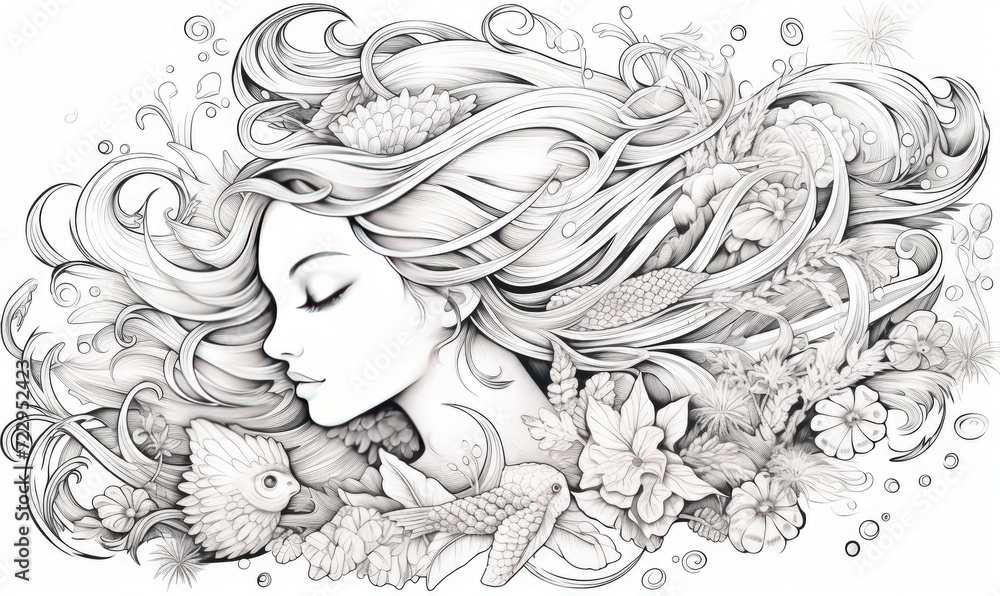 A woman with long hair and flowers on her head A woman with long hair and flowers on her head