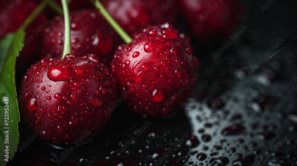 Water droplets on red cherries, black background, in the style of dark silver and dark maroon, dark red, minimalist Water droplets on red cherries, black background, in the style of dark silver and dark maroon, dark red, minimalist