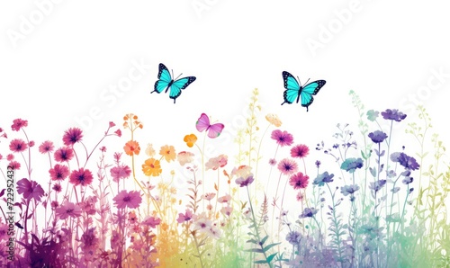 A black and white photo of flowers and butterflies