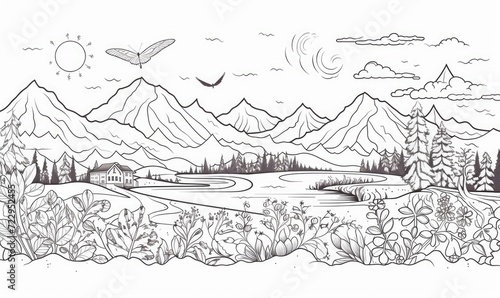 A line drawing of a landscape with mountains and trees