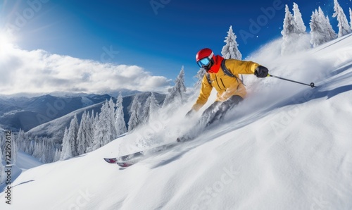 A man riding skis down a snow covered slope