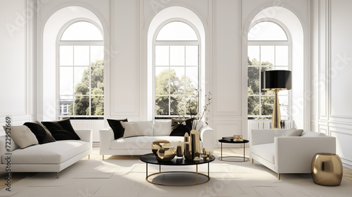 Living room interior minimal clean architecture white and black with gold details decoration