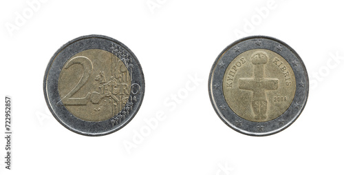 2 Euro coin from Greece, Kibris 2008, obverse and reverse.