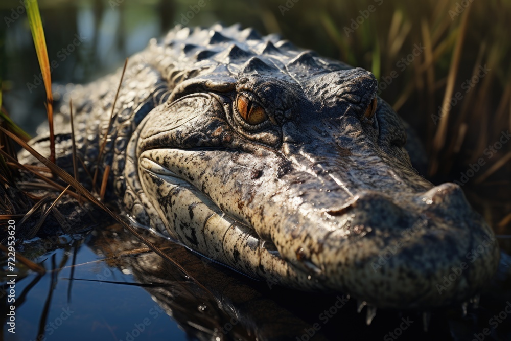 A detailed close-up photograph of an alligator swimming in the water. Perfect for nature enthusiasts and educational materials A detailed close-up photograph of an alligator swimming in the water. Perfect for nature enthusiasts and educational materials