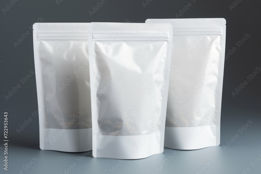 Three bags of food sitting on top of a table. Suitable for grocery shopping, food delivery, or meal planning concepts