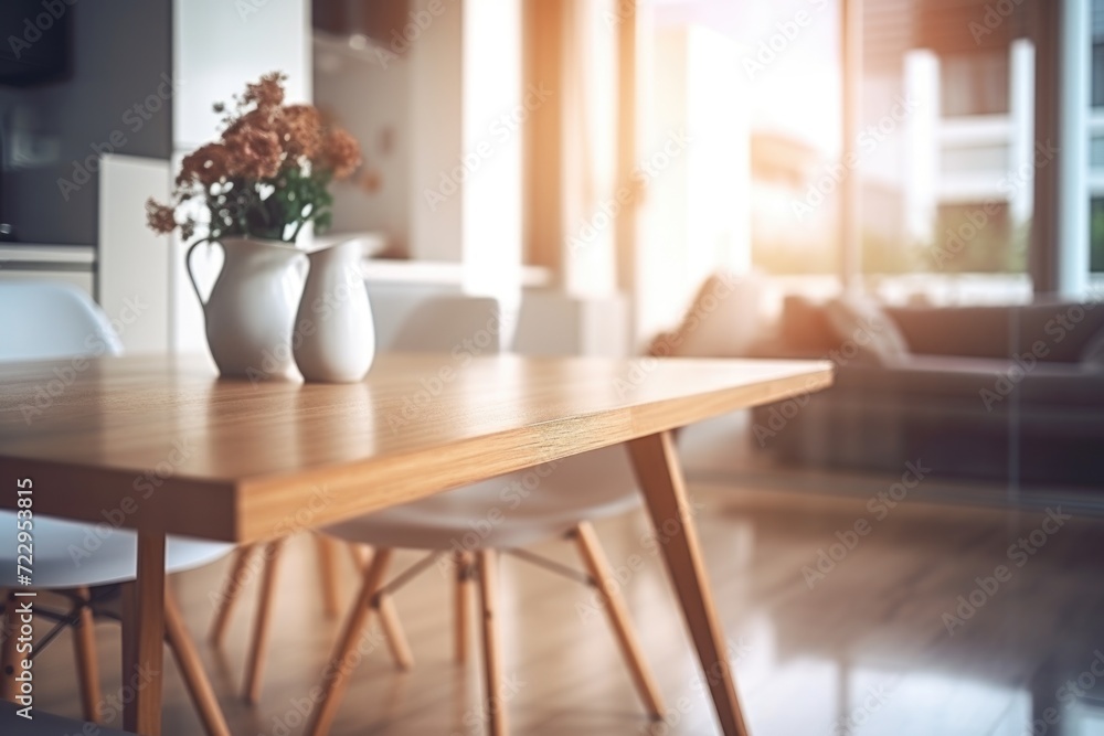 A wooden table with two vases of flowers. This image can be used for home decor, interior design, or floral arrangements A wooden table with two vases of flowers. This image can be used for home decor, interior design, or floral arrangements