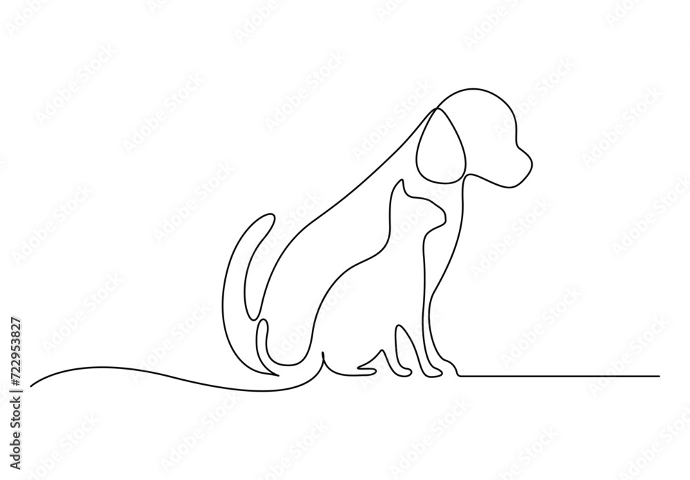 Cat and dog continuous one line drawing vector illustration. Isolated on white background vector illustration. Pro vector