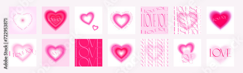 Valentine's Day y2k aesthetic soft pink gradient greeting cards with hearts. Collection of modern y2k aesthetic printable quirky typography designs. Soft feminine vintage feel. Aura print templates