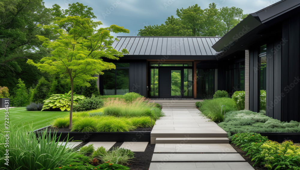 black modern home with front patio and walkway
