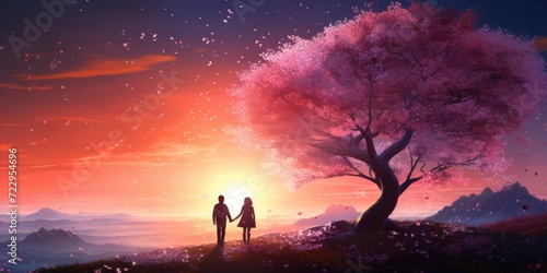 A man and a woman holding hands under a tree. Perfect for romantic and nature-themed designs