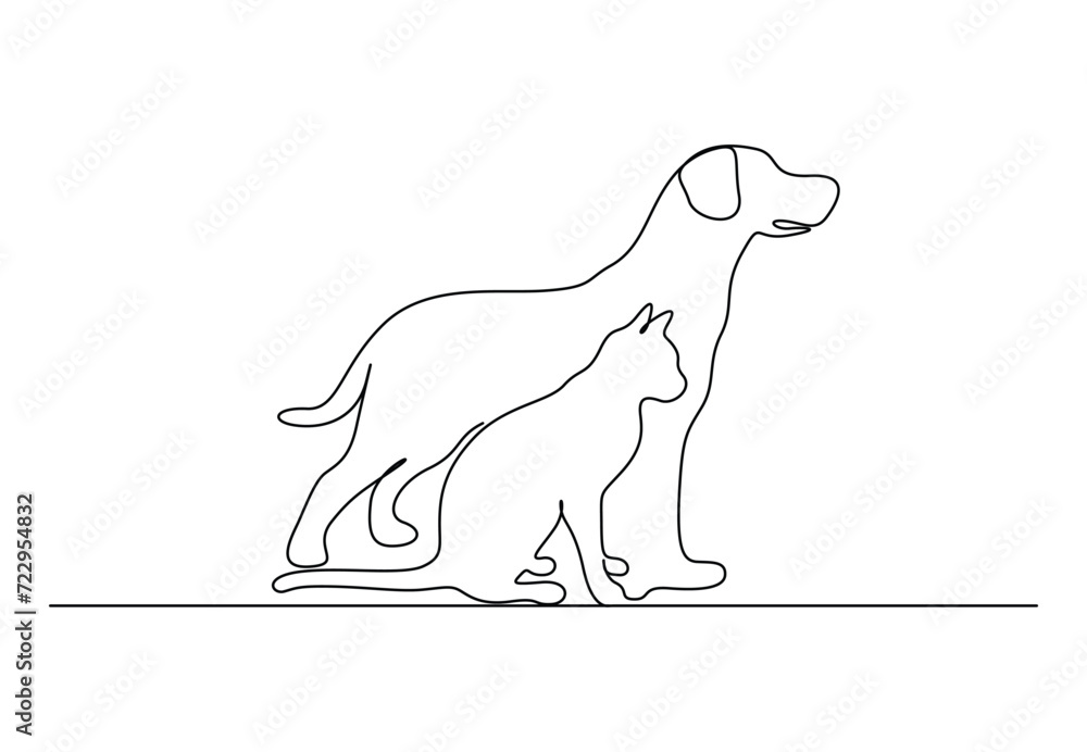 Cat and dog one continuous line drawing. Isolated on white background vector illustration. Free vector