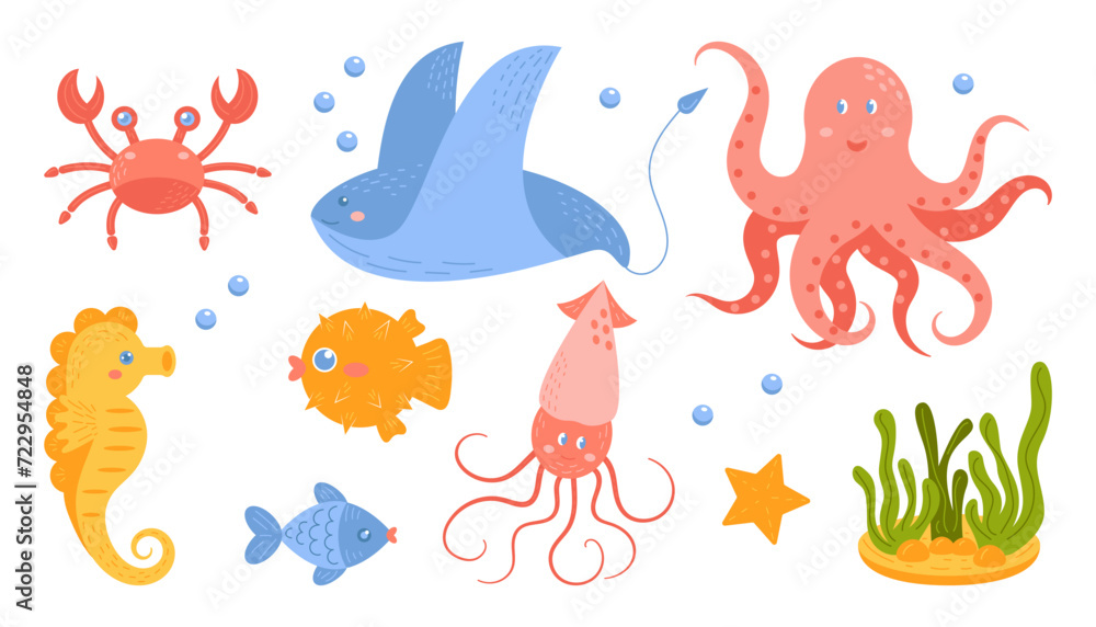 Fototapeta premium Set of cute sea animal. Underwater life. Cartoon vector illustration with hand drawn elements. Cute squid, octopus, stingray, fish, crab, seahorse. Fish and wild sea animals isolated on white