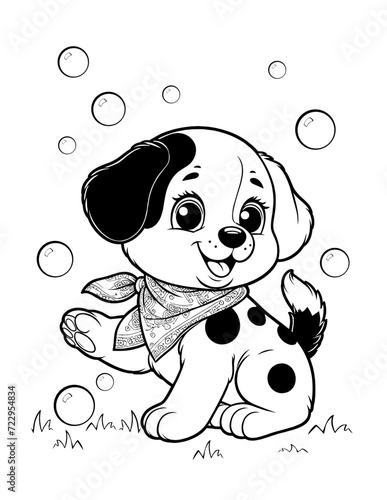 Cartoon coloring page for kids Dalmatian puppy playing with soap bubbles