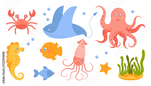 Set of cute sea animal. Underwater life. Cartoon vector illustration with hand drawn elements. Cute squid, octopus, stingray, fish, crab, seahorse. Fish and wild sea animals isolated on white