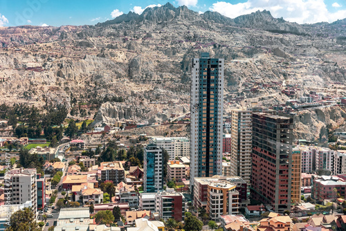View of the high-rise buildings and mountains of the city of La Paz. Bolivia
