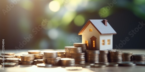 A small house sitting on top of a pile of coins. Ideal for illustrating concepts related to saving money, financial stability, and investment opportunities