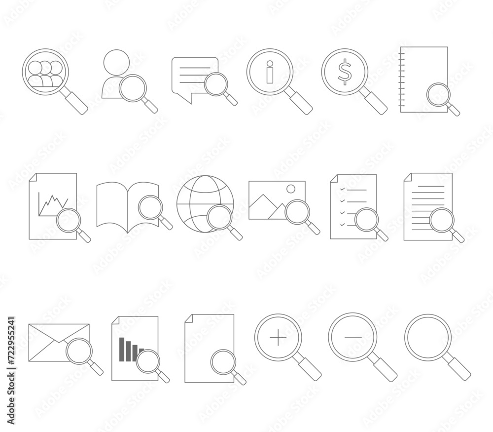 Vector set of search, magnifying glass, analysis and inflographics icons.