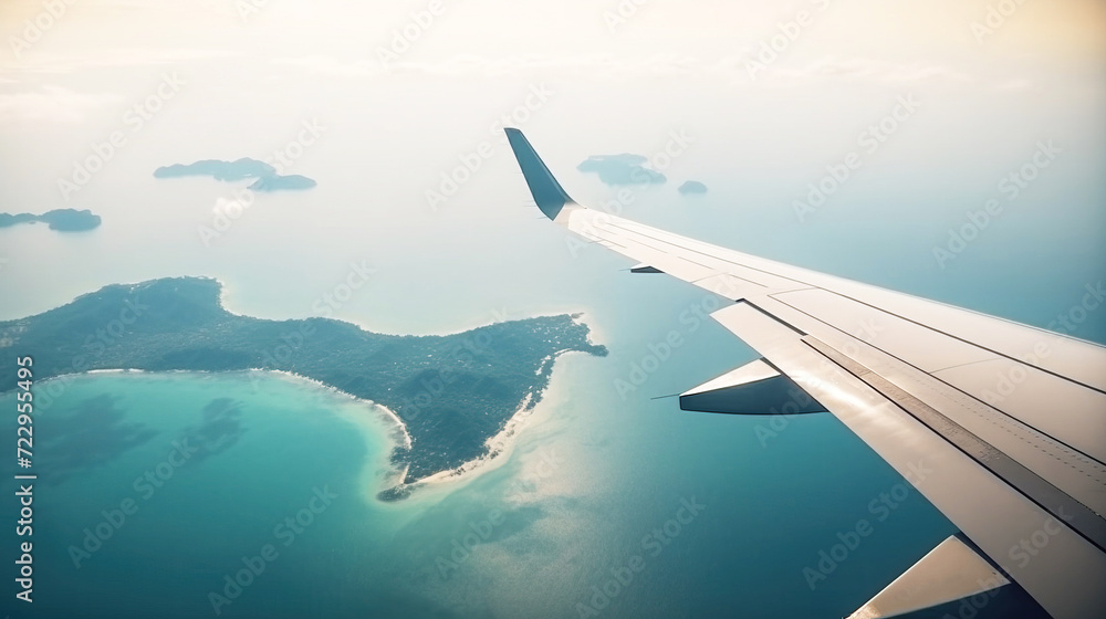 Tourist plane liner flies over a tropical sea city in the morning sun. Exotic travel. AI generated. Tourist plane liner flies over a tropical sea city in the morning sun. Exotic travel. AI generated.