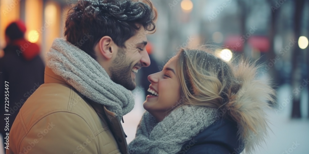 A man and a woman standing together in a snowy landscape. This image can be used to depict a winter scene or a couple enjoying the snow A man and a woman standing together in a snowy landscape. This image can be used to depict a winter scene or a couple enjoying the snow