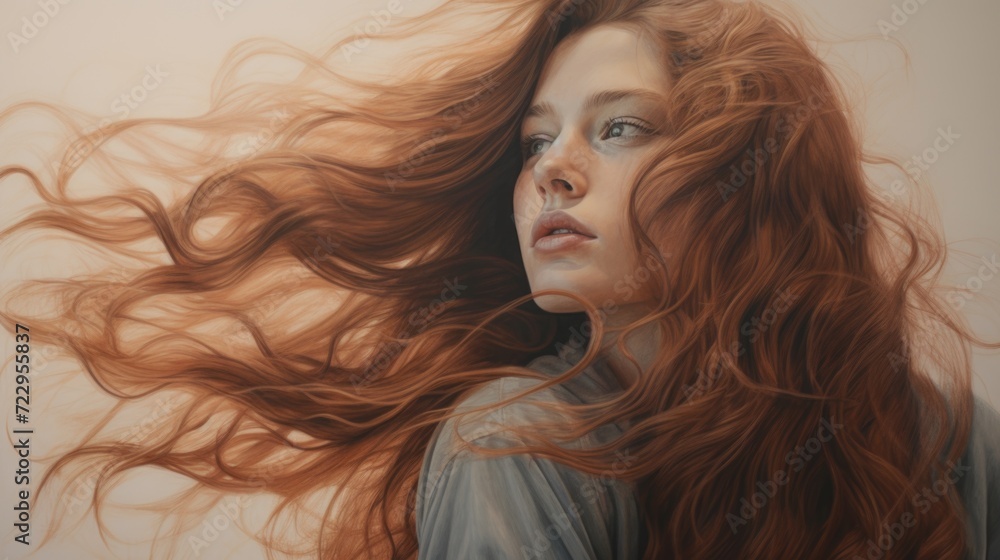 A painting of a woman with long red hair. Perfect for adding a touch of elegance and beauty to any space A painting of a woman with long red hair. Perfect for adding a touch of elegance and beauty to any space