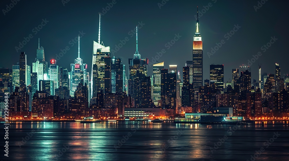 Obraz premium Skyline of New York city at night. Copy space for text.