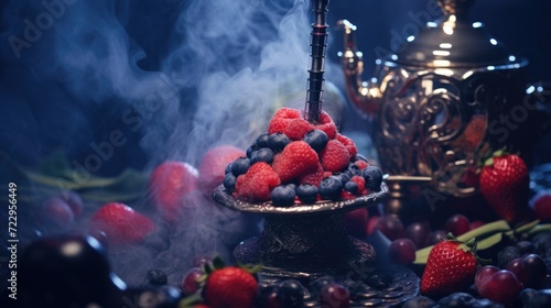 A bowl filled with a variety of fresh berries, including blueberries, with a teapot in the background. Perfect for food and beverage-related projects