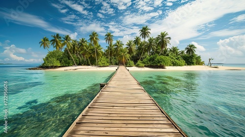 Vacation on a deserted island in the tropics, wooden jetty. copy space for text. © Naknakhone