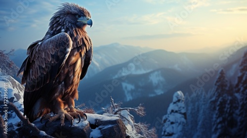 A large bird perched on a rock in the mountains. Suitable for nature and wildlife themes photo