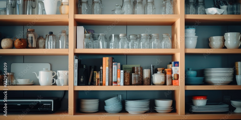 A shelf filled with a variety of dishes and glasses. Perfect for showcasing kitchenware or for illustrating a well-stocked pantry.