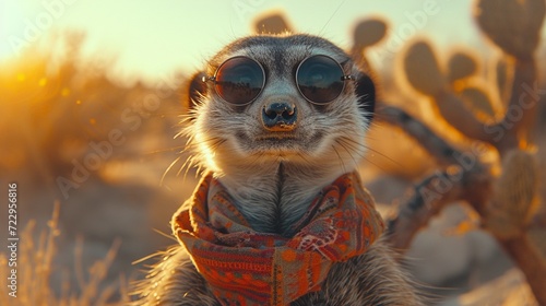 A fashion-forward meerkat captured in a playful pose with desert-inspired accessories wearing glasses with blurred background. photo