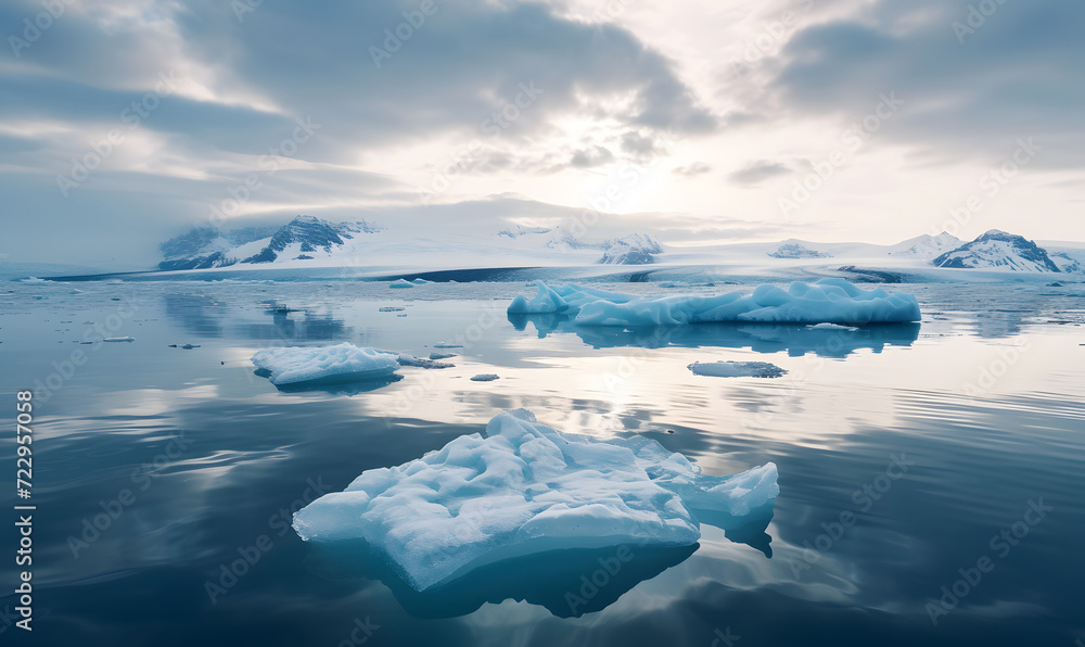 Fototapeta premium Ice sheets melting in the arctic ocean or waters, Generative AI